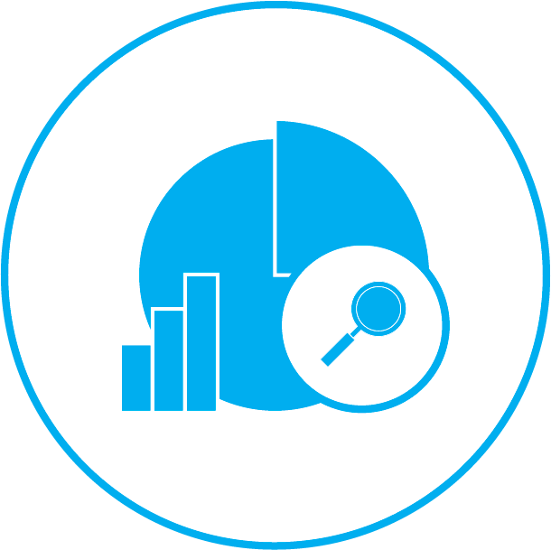 An icon depicting charts and bar graphs with a search mark, representing Synergy Technical's commitments to provide research-driven recommendations in the engagement.